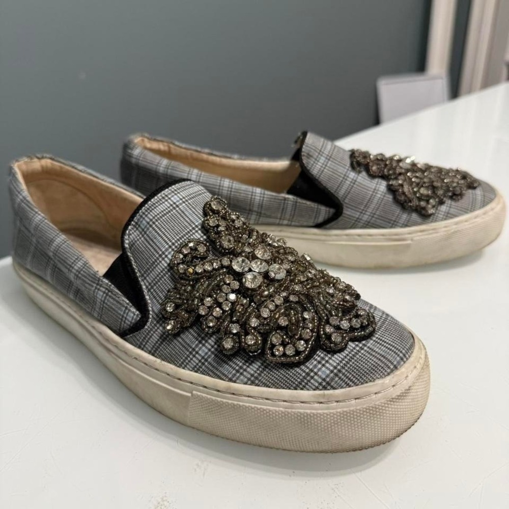 Zara Plaid Embellished Slip On Sneakers Rhinestone Statement Shoes 40